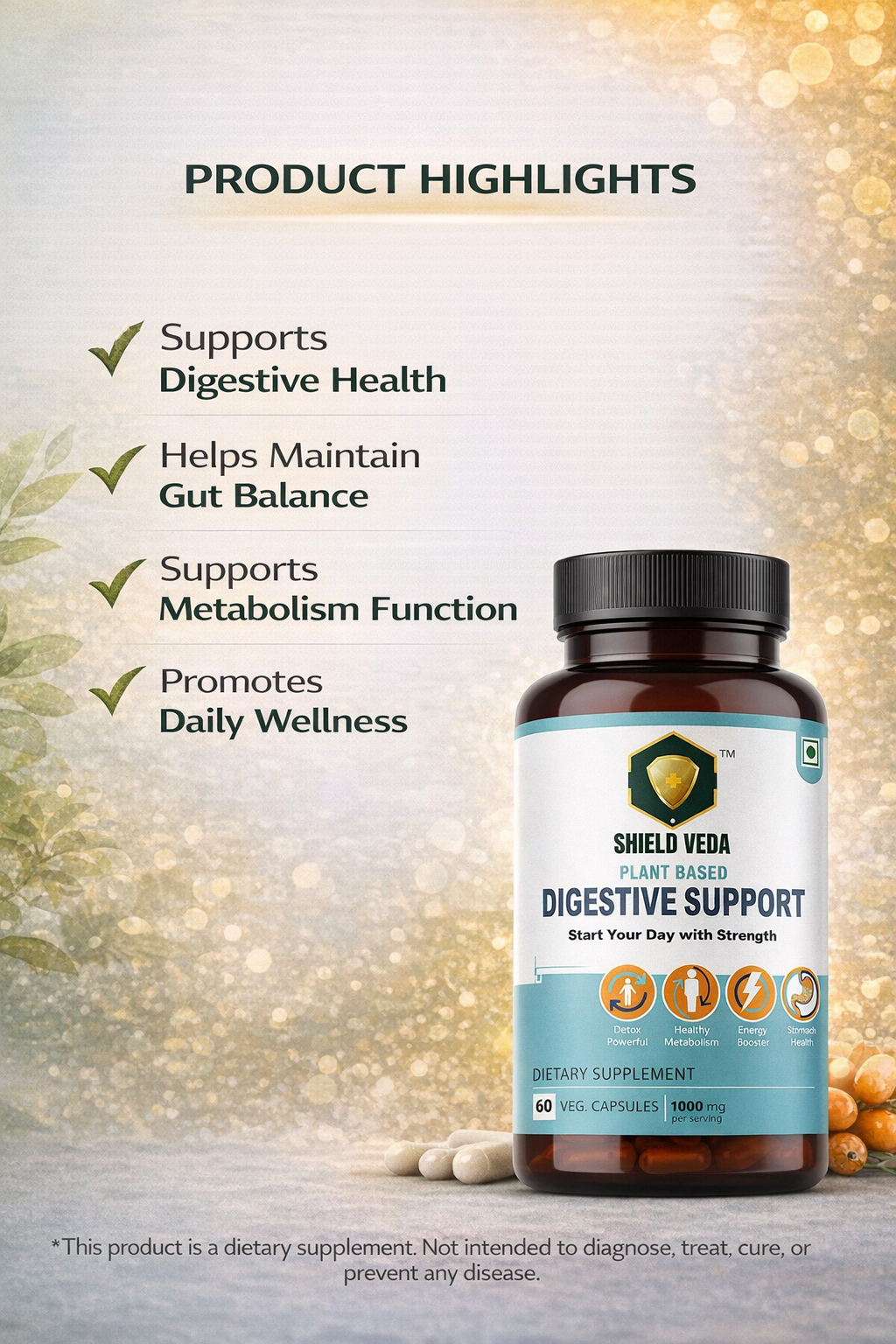 Shield Veda Digestive Support Capsules | Plant Based Gut & Metabolism Support | 60 Veg Capsules - Image 2