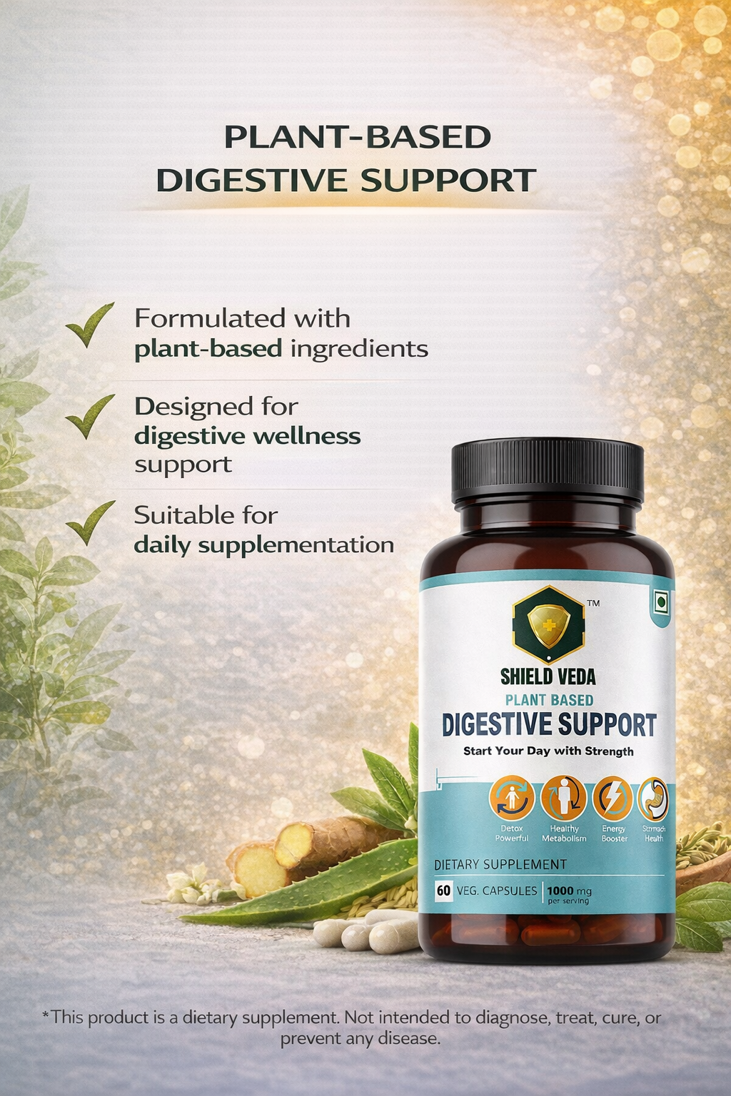 Shield Veda Digestive Support Capsules | Plant Based Gut & Metabolism Support | 60 Veg Capsules - Image 3